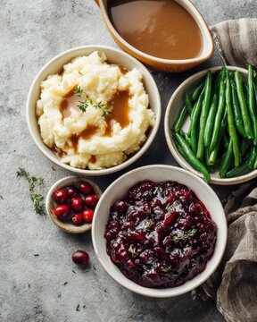Mashed potatoes with gravy and green beans