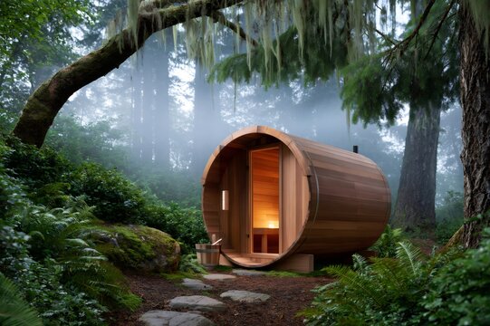 Outdoor cedar barrel sauna blending with foggy forest nature