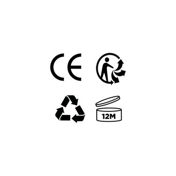 CE MARK RECYCLE ARROW AND PACKAGING SYMBOL VECTOR ICON