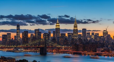Obraz premium New York City skyline at dusk with vibrant colors.