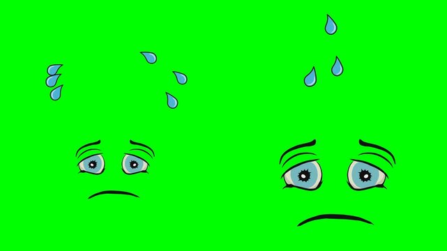 Sad depressed cartoon eyes with blue tears falling and flying sweat drop 2d animated cartoon on green screen chroma key background. high quality loop cycle vector illustration animation
