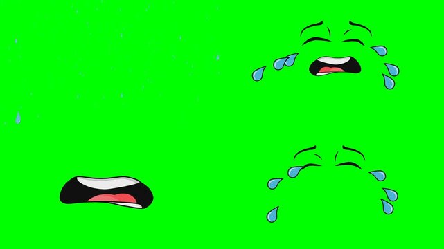 Sad crying cartoon eyes and open mouth showing deep emotional pain tears 2d animated cartoon on green screen chroma key background. high quality loop cycle vector illustration animation
