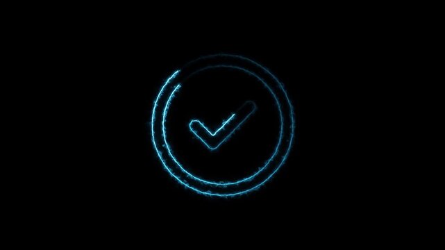 Blue Neon Check Mark in Circle on Black Background tick correct