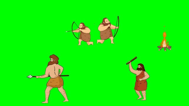 Prehistoric cavemen characters hunting with spears and making camp fires 2d animated cartoon on green screen chroma key background. high quality loop cycle vector illustration animation