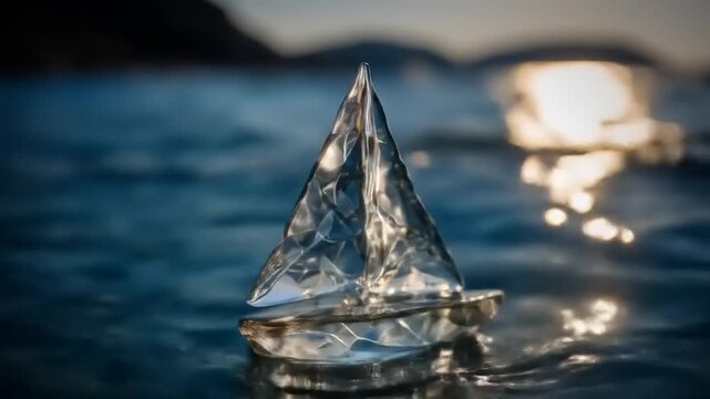 Crystal sailboat floating on dark water with shimmering light reflection