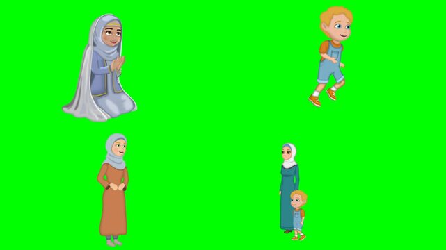 Muslim mothers wearing a hijab praying and happy children running around 2d animated cartoon on green screen chroma key background. high quality loop cycle vector illustration animation