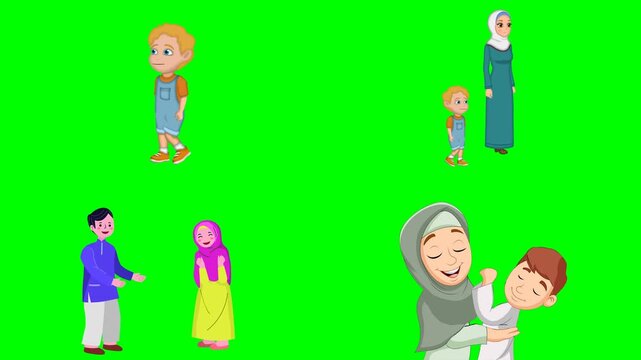 Muslim mothers hugging kids and happy children playing with their family 2d animated cartoon on green screen chroma key background. high quality loop cycle vector illustration animation