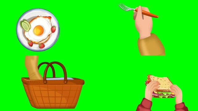Hands holding delicious breakfast plates fresh sandwiches and soup bowls 2d animated cartoon on green screen chroma key background. high quality loop cycle vector illustration animation