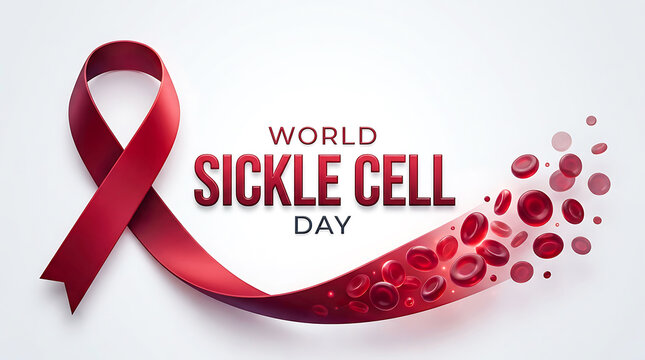 World sickle cell day with red ribbon and blood cells blood disorder awareness