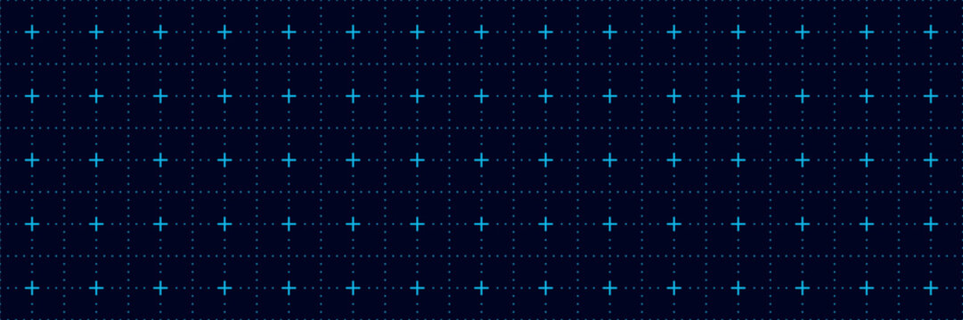 Dark navy grid with dotted lines and glowing crosses forming high tech seamless pattern perfect for futuristic interface backgrounds digital networks cyber themes and innovation visuals
