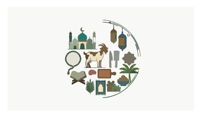 Fototapeta premium Qurbani Day top view vector illustration with goat mosque tools and Islamic festive elements