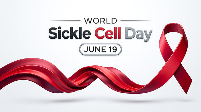 World sickle cell day june 19th flowing red ribbon graphic with genetic disorder