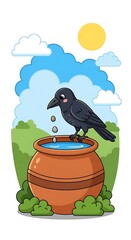 Thirsty crow fable cartoon illustration showing black bird dropping stones into clay pot of water under sunny sky © Alpha