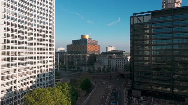 Aerial view of Birmingham Library, Centenary Square and Tram, England