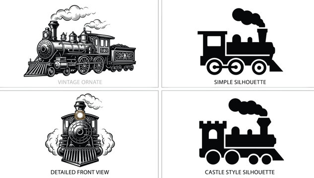 Vintage Steam Train Illustration and Silhouette Collection with Detailed Retro Railway Locomotive Design Styles
