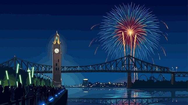 Fireworks explode over clock tower and bridge at night