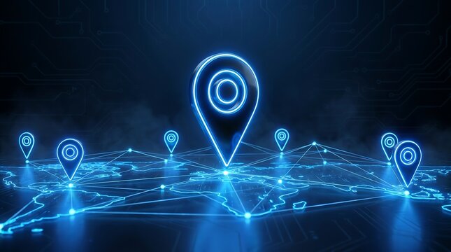 Global network connection with bright blue location pin markers on interconnected digital world map representing international business logistics and real time data tracking technology