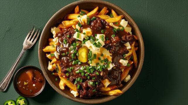Delicious poutine bowl topped with savory brown gravy melted cheese curds and fresh green chives served in a rustic bowl on a dark green background for culinary art