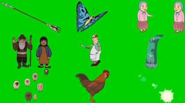 Spear, Butterfly, Woman, Wizard, Man, Sheep, Rooster, Spark, Magic 2d animated cartoon character on green screen chroma key background. High quality illustration loop cycle vector animation