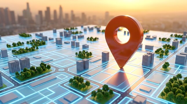 Large red map pointer on futuristic city model featuring glowing blue circuitry layout and stylized green trees with sunset background for urban development and navigation concepts