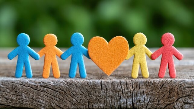 Colorful felt human figures holding hands with a large felt heart symbolizing unity connection friendship and love on weathered wooden surface outdoors