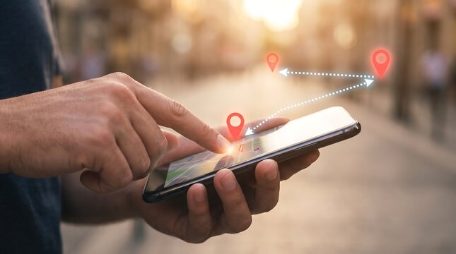 Close up view of person using smartphone to navigate city streets with digital map overlay showing red location pins and directional path indicators for urban travel and logistics planning