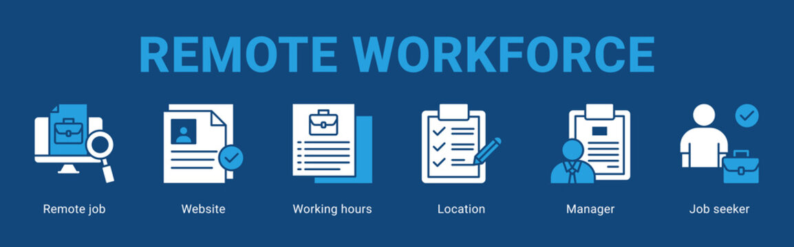 Remote Workforce web banner icon concept,  with Remote Job, Website, Working Hours, Location, manager, Job See.