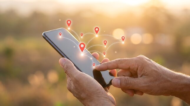 Person using smartphone with augmented reality map interface displaying various destination pins connected by light paths during outdoor commute in warm sunset light for travel
