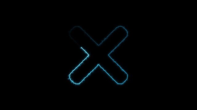 Blue neon cross symbol with electric energy effect on black background icon
