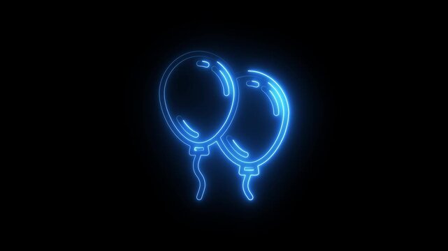 Two blue neon balloons with strings on black background party celebration