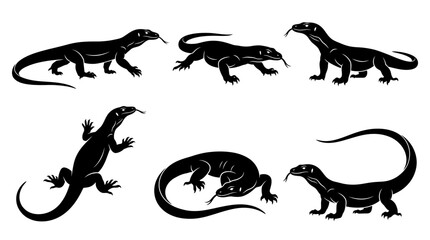 Obraz premium monitor lizard silhouettes in side view, solid black shapes, each in different poses such as walking.