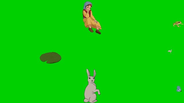 Deer, Boy, Frog, Rabbit, Butterfly, Hop, Pond, Jump, Wild 2d animated cartoon character on green screen chroma key background. High quality illustration loop cycle vector animation compositing.