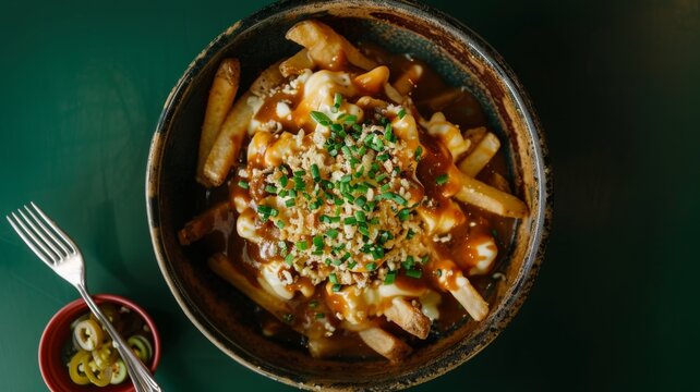 Gourmet poutine bowl topped with fresh herbs and savory gravy served in a rustic dark ceramic dish on a deep green surface with a side of pickled jalapenos