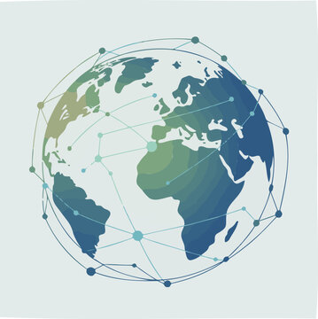 Stylized gradient earth globe featuring connected network nodes representing global communication technology and international digital connections across the modern world map