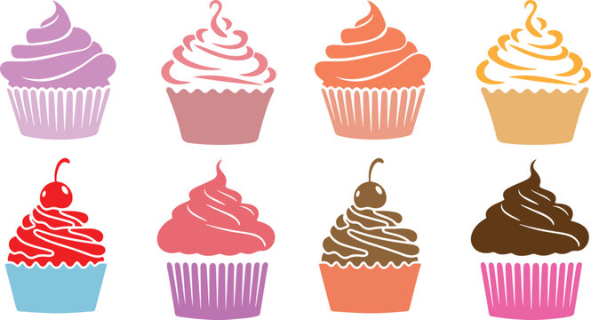 Set of eight colorful cupcake illustrations featuring various delicious frosting styles and sweet cherry toppings for creative bakery design projects
