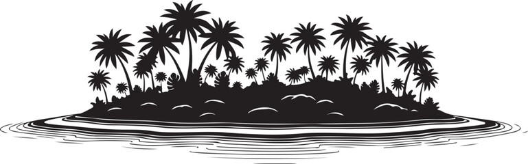 Obraz premium Tropical island, palm trees, black silhouette, vector landscape, exotic getaway