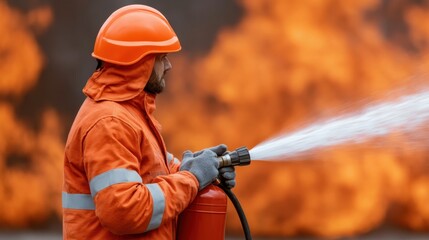 Naklejka premium Firefighter in orange protective uniform and helmet using fire hose to spray water at intense large blaze emergency outdoor firefighting operation