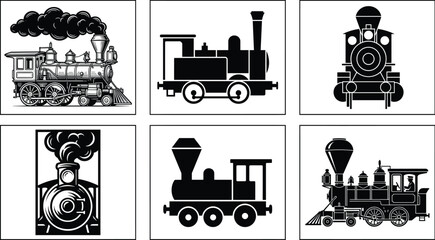 Vintage Steam Train Icon Collection with Retro Locomotive Silhouettes and Railway Vector Illustration Set © MdSumon