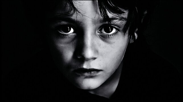 Emotional close up portrait of a pensive young child