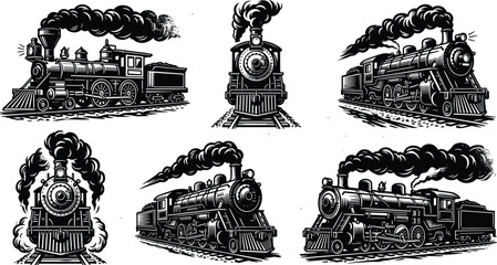 Vintage Steam Train Locomotive Engraving Collection with Retro Railway Engine Illustrations and Black Smoke Designs © MdSumon