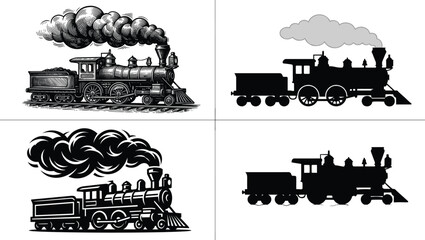 Vintage Steam Train Silhouette and Engraving Collection with Retro Railway Locomotive Illustration Set © MdSumon