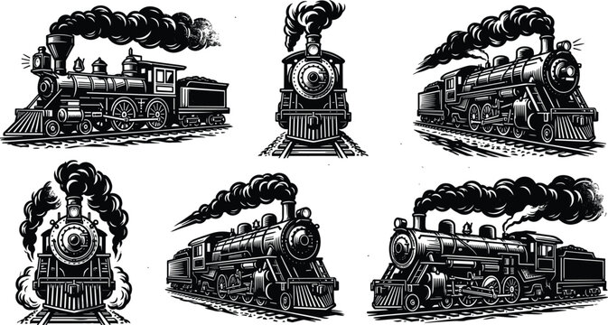 Vintage Steam Train Locomotive Engraving Collection with Retro Railway Engine Illustrations and Black Smoke Designs