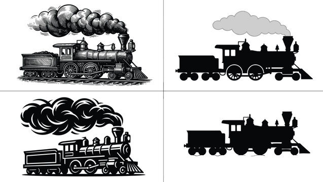 Vintage Steam Train Silhouette and Engraving Collection with Retro Railway Locomotive Illustration Set