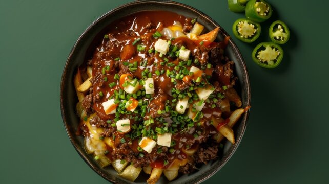 Gourmet loaded poutine bowl with melted cheese curds savory gravy and fresh chives served in a dark ceramic dish on a minimalist deep green background surface