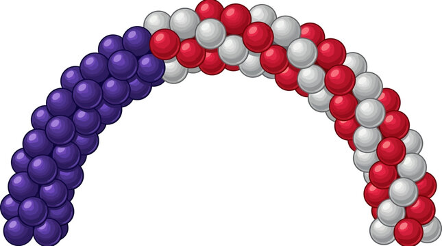A colorful illustration of a molecular structure composed of purple, red, and silver spheres arranged in an arc shape.