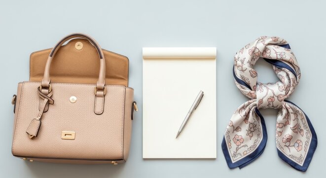 Beige leather handbag, empty notepad with a metal pen and a patterned silk scarf on a light gray background, top view flat lay.