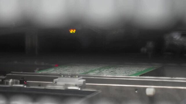 Close up of automated solder paste screen printing process on PCB board inside SMT production machine