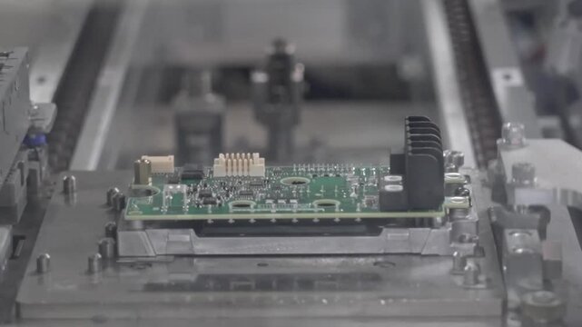 Automated testing and pressing machine processing small PCB board with precision fixture in electronics factory