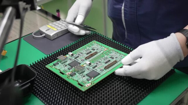 Technician wearing white gloves inspecting and working on PCB circuit board with tweezers at workstation