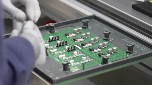 Factory worker placing assembled PCB board with electronic components into testing jig fixture for inspection